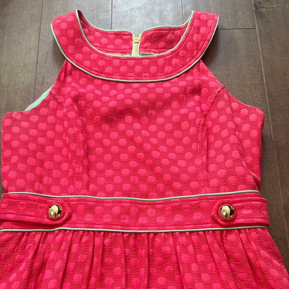 Sail to Sable Pink Polka Dot Jacquard Shift Dress Size 6 Preppy Gold Button - Picture 3 of 8